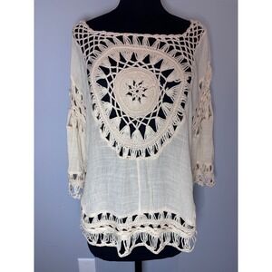Rebellion Crochet Overlay Cream Kimono Top Cover Up Cream‎ Boho Festival Size M
